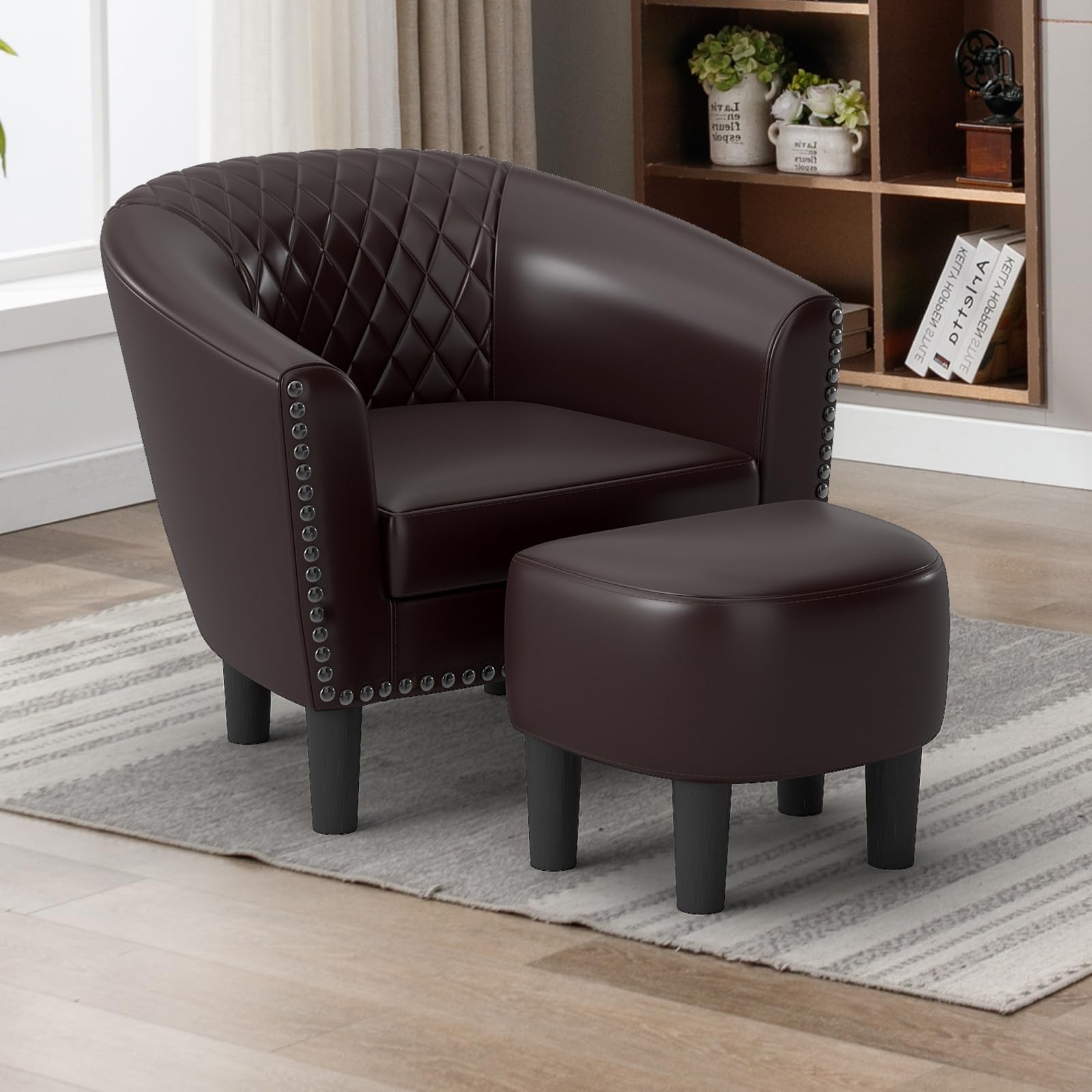 inzoy modern accent chair with ottoman for small space, club chair with ottoman set, comfy pu leather barrel reading chairs for living room bedroom, round reading chair with foot rest, dark brown