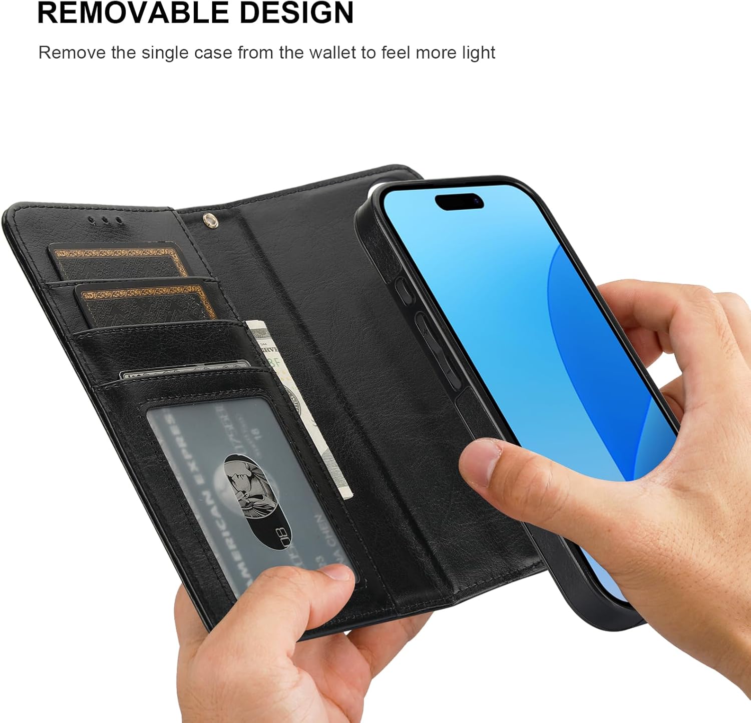 Bocasal Detachable Wallet Case for iPhone 16 RFID Blocking Card Slots Holder Premium PU Leather Magnetic Kickstand Shockproof Wrist Strap Removable Flip Protective Cover 5G 6.1 inch (Black)