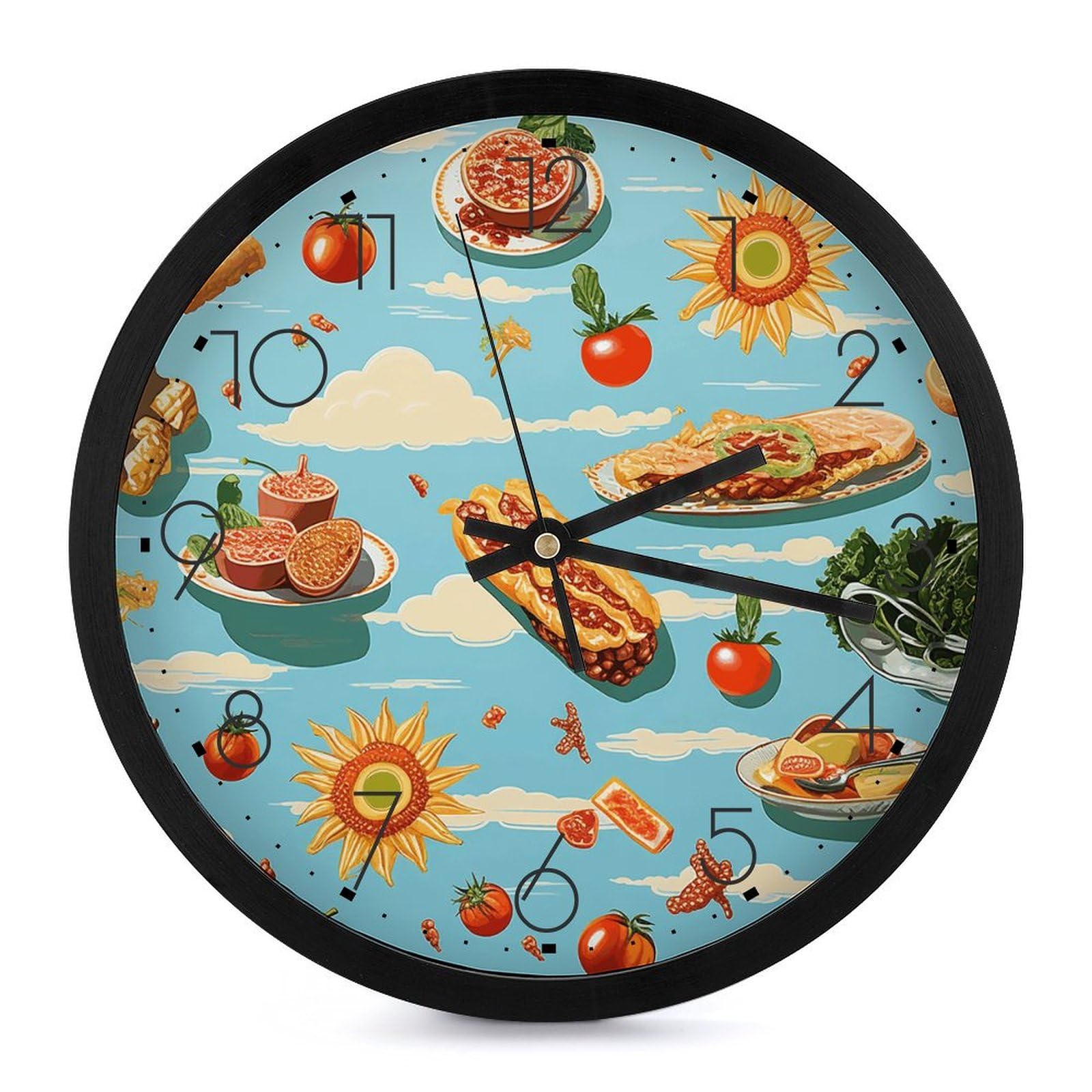 Horloge murale décorative ronde avec motifs de nourriture pour salon moderne