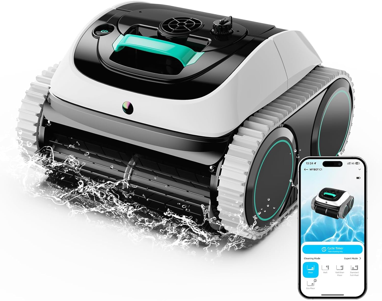 (2026 New) WYBOT C1 Cordless Robot Vacuum for Inground Pools, 4-in-1 Pool Cleaner for Above Ground Pool up to 1,614 Sq.ft, Wall & Waterline Cleaning, 150-Min Runtime, Whte & Green