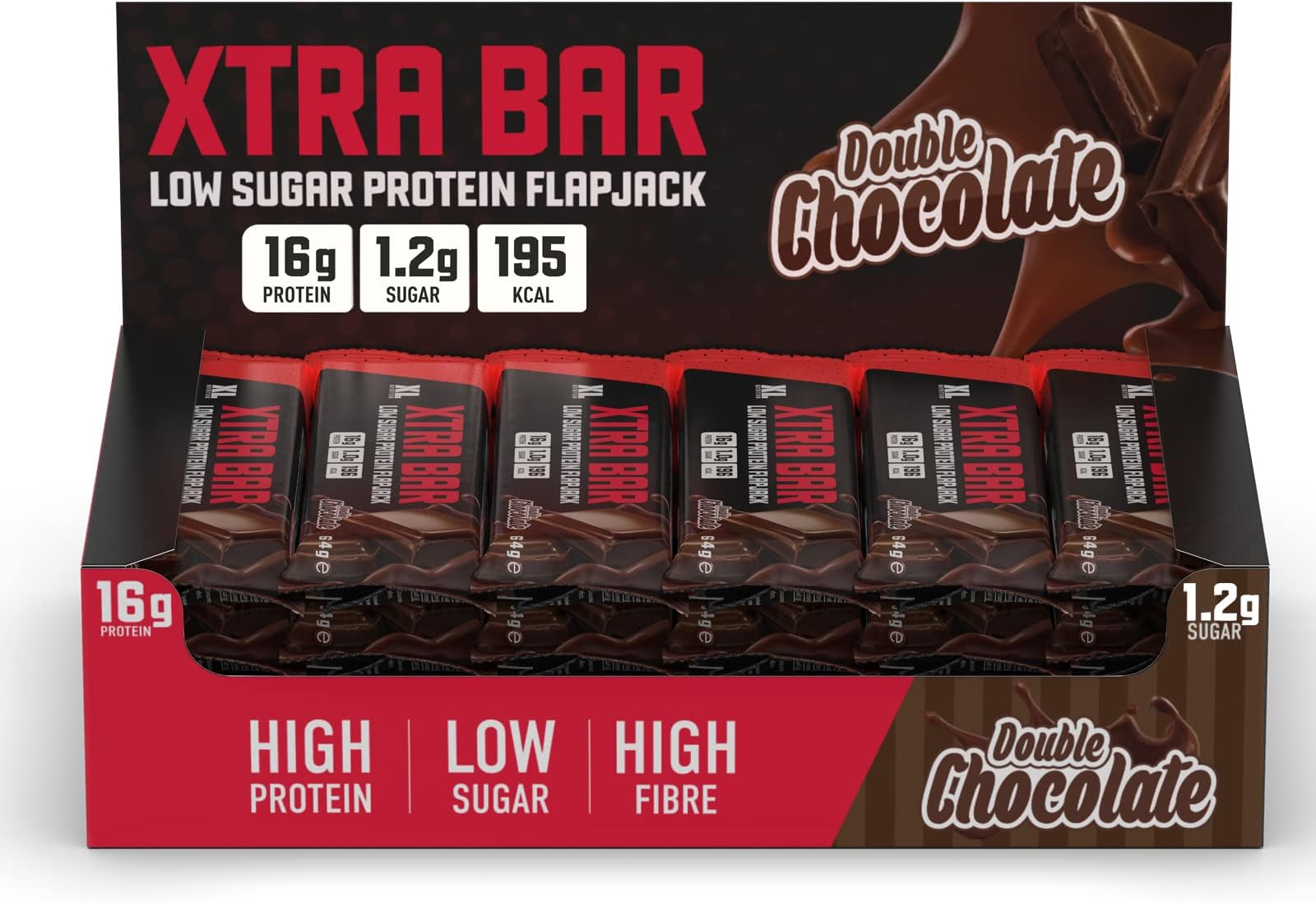 XL Nutrition | Xtra Bar | Protein Flapjack | Low Sugar | 16grams Protein | 195 Calories | 24 x 64g | (Double Chocolate, 1 count (Pack of 1))