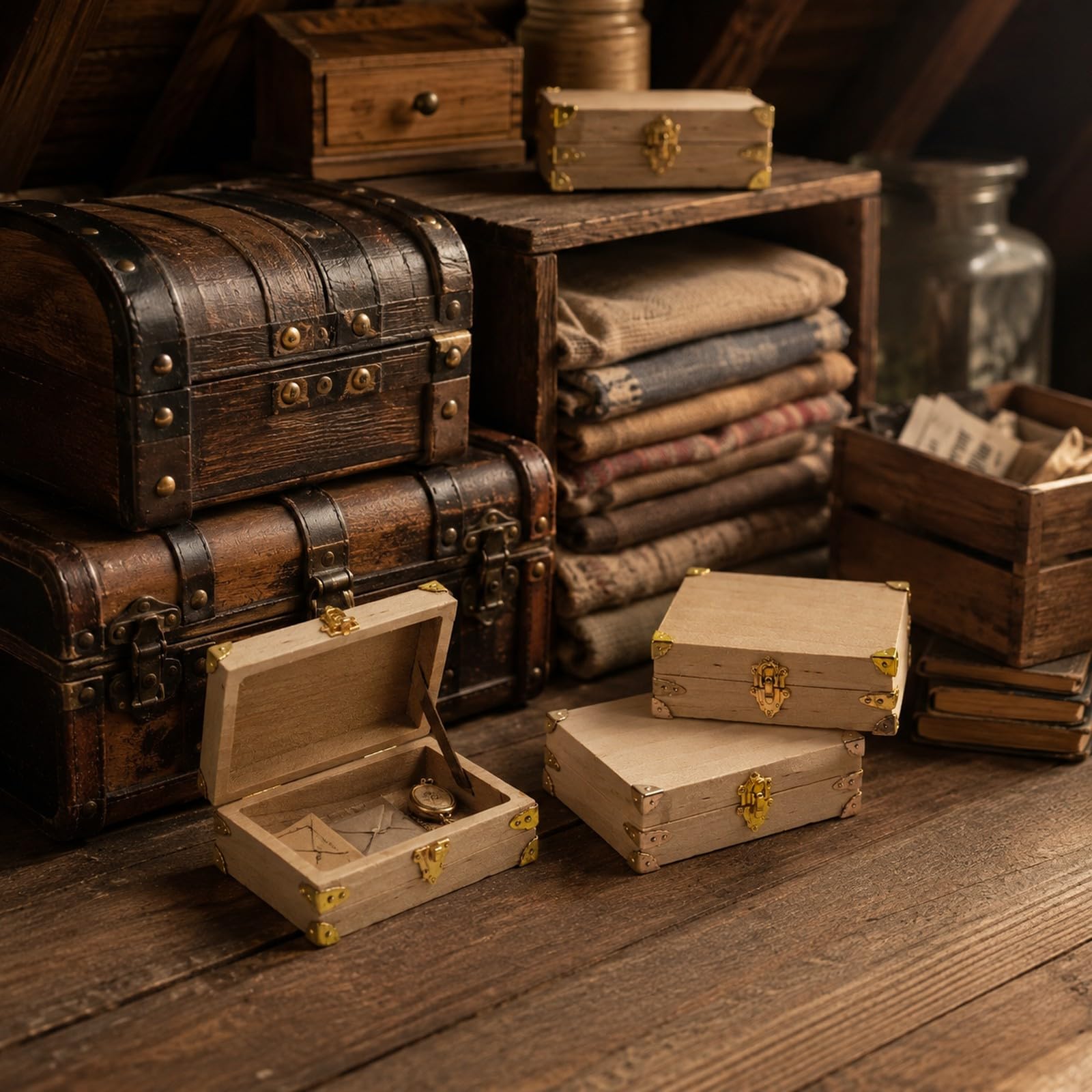 LOGOFUN 5PCS Dollhouse Miniatura Vintage Valigia In Legno Apribile Tronco Da Viaggio con Serratura In Metallo Piccolo Retro Storage Box per Viaggio Scena Accessori