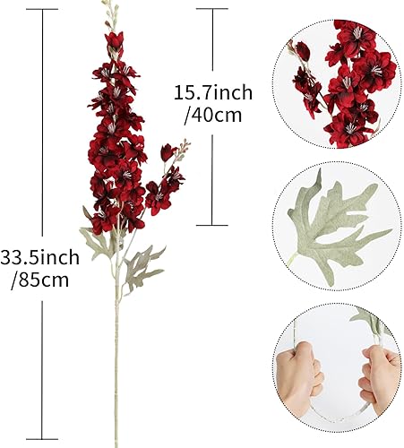 Miniatura 4 de 8 flores artificiales de Delphinium rojas de 33.5 pulgadas de tallo largo, flores de seda falsas para jarrón alto, flores sintéticas para el hogar,