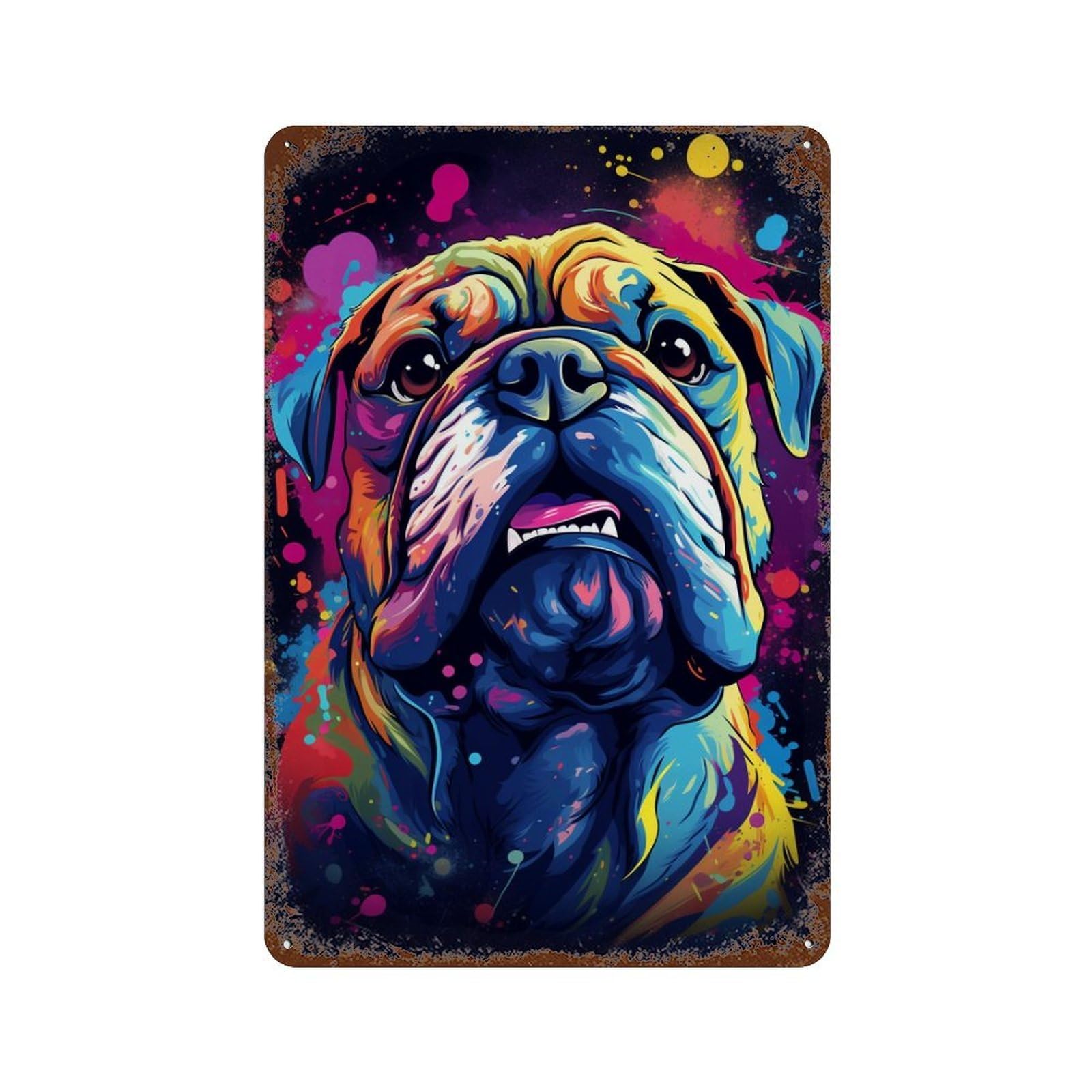 Colorful Bulldog Art Print Aged Metal Wall Plaque 11.8"x7.9", Classic Wall Plaque for Garage, Pub Or Kitchen
