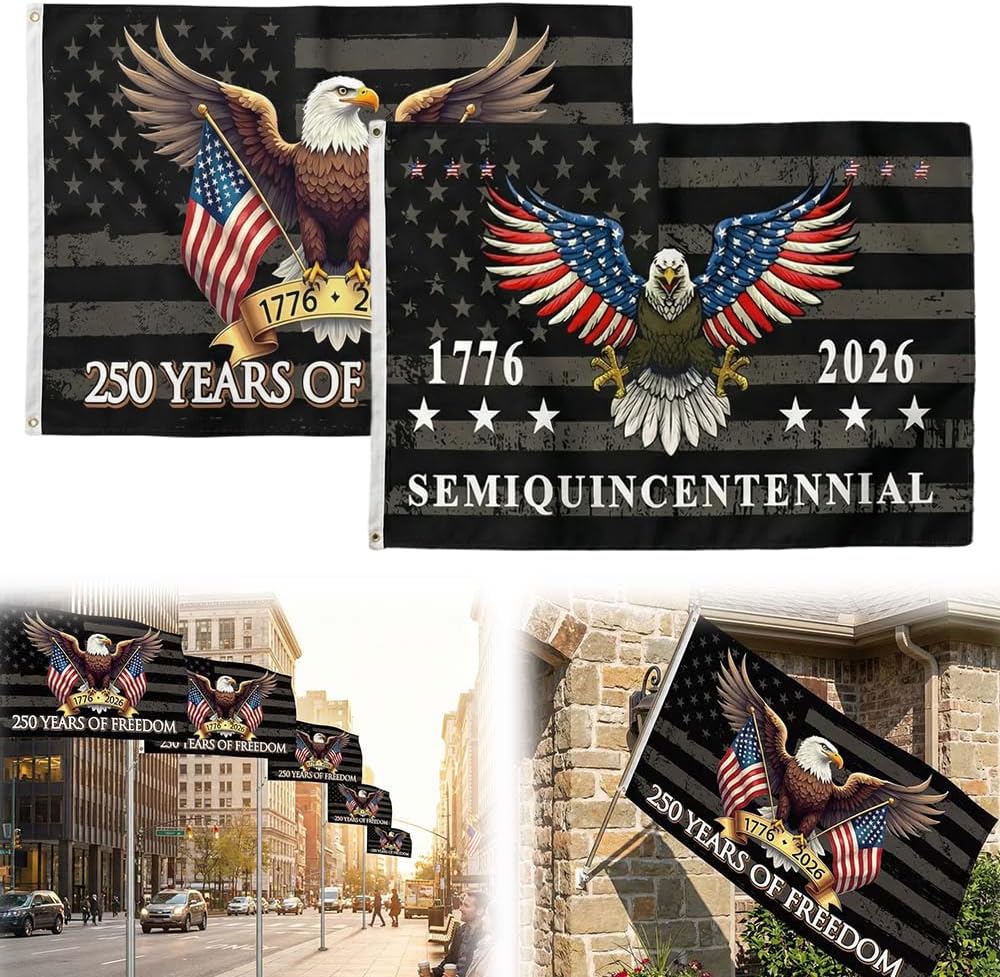 250 Years American Flag for Outside 3x5 Ft, 250th Anniversary American Banner with FlagBrass Grommets, Double Sided 250th Anniversary Eagle Flag for Home, Garden, Porch (Black-01+Black-02)