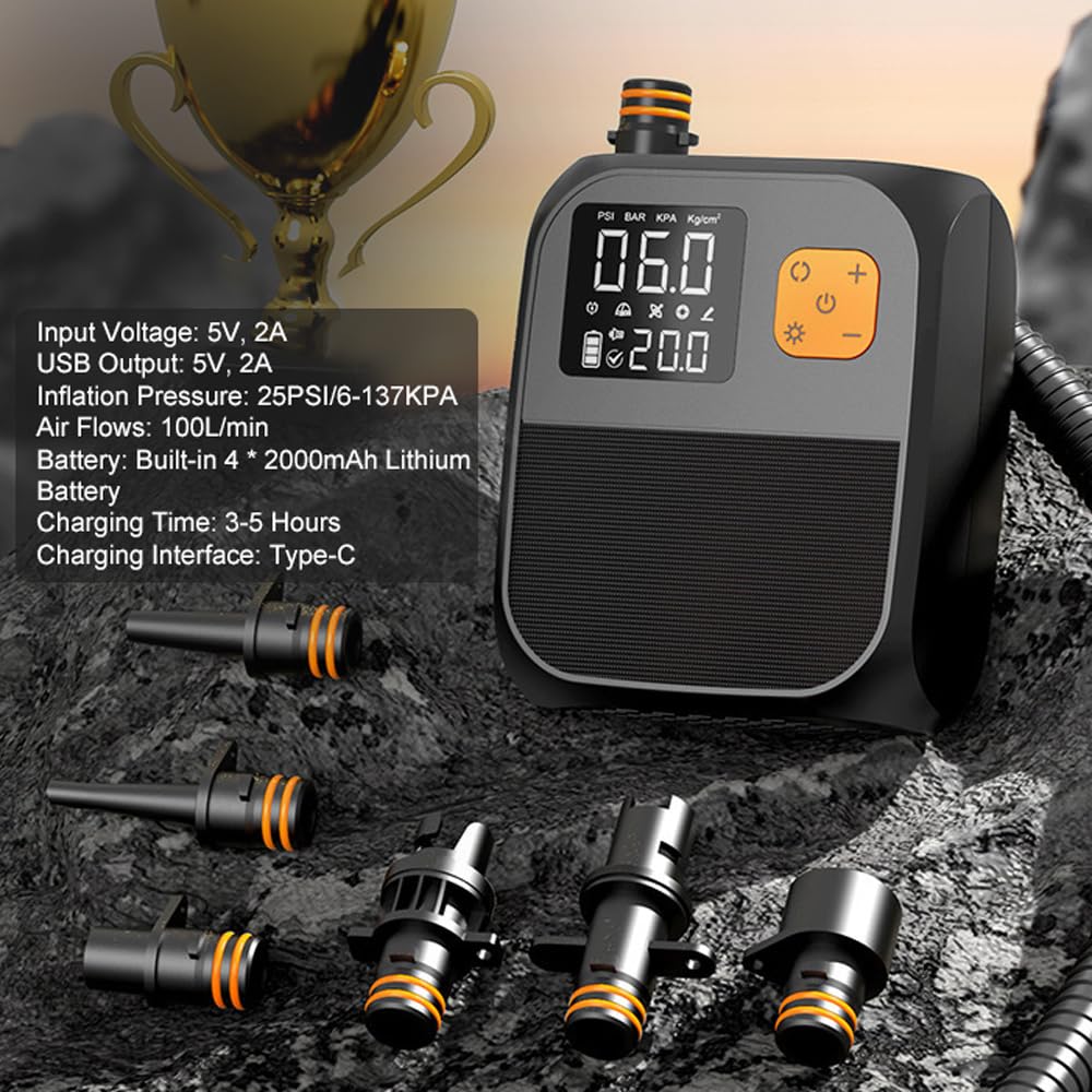 TFixol Pompe à pagaie portable 25 PSI haute pression électrique A Compresseur Pompe Power Bank avec 6 buses et lumière pour bateau gonflable Planche de surf Stand Up Paddle D A Mattr Anneaux de