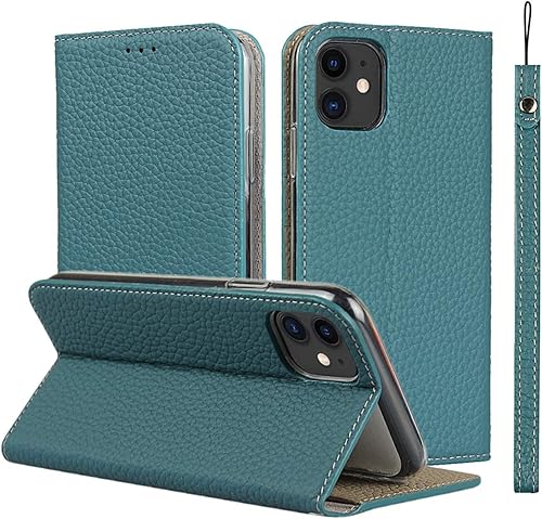 iCoverCase Funda de piel auténtica para iPhone 11, funda tipo cartera con correa para la muñeca y ranuras para tarjetas, cierre magnético, función
