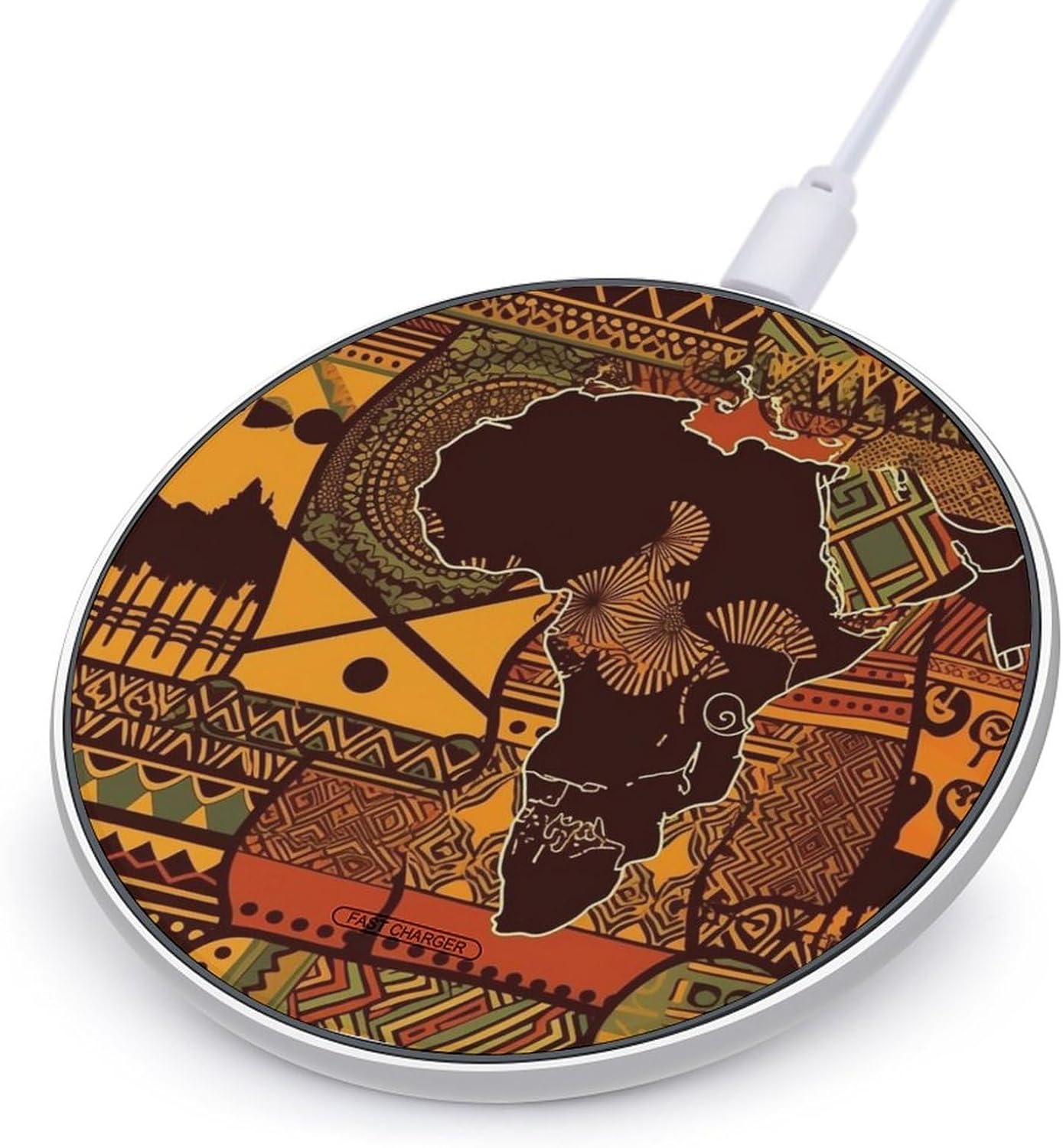 African Map Ethnic Pattern Wireless Charger, 10W Qi-Certified Fast Wireless Charging Pad with USB Cable & LED Indicator Fashion Charger Mat Portable Charging Station for All Qi-Enabled Phones