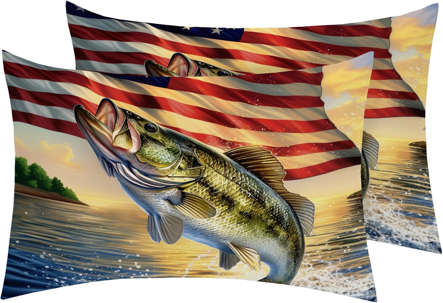Pike Fish Pillow Cases Standard Size Set of 2 - Soft Breathable Microfiber Pillowcases with Envelope Closure, American Flag Hunting Fishing Patterned Pillow Covers, Bass Fish Gifts for Men