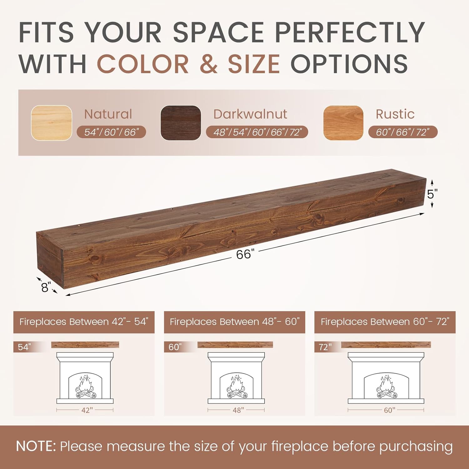 G GOOD GAIN Fireplace Mantel 66 inch - Handcrafted Rustic Solid Wood Mantel l Floating Shelves Decor for Wall, Bedroom, TV, Books, Livingroom.DarkWalnut，66x8x5