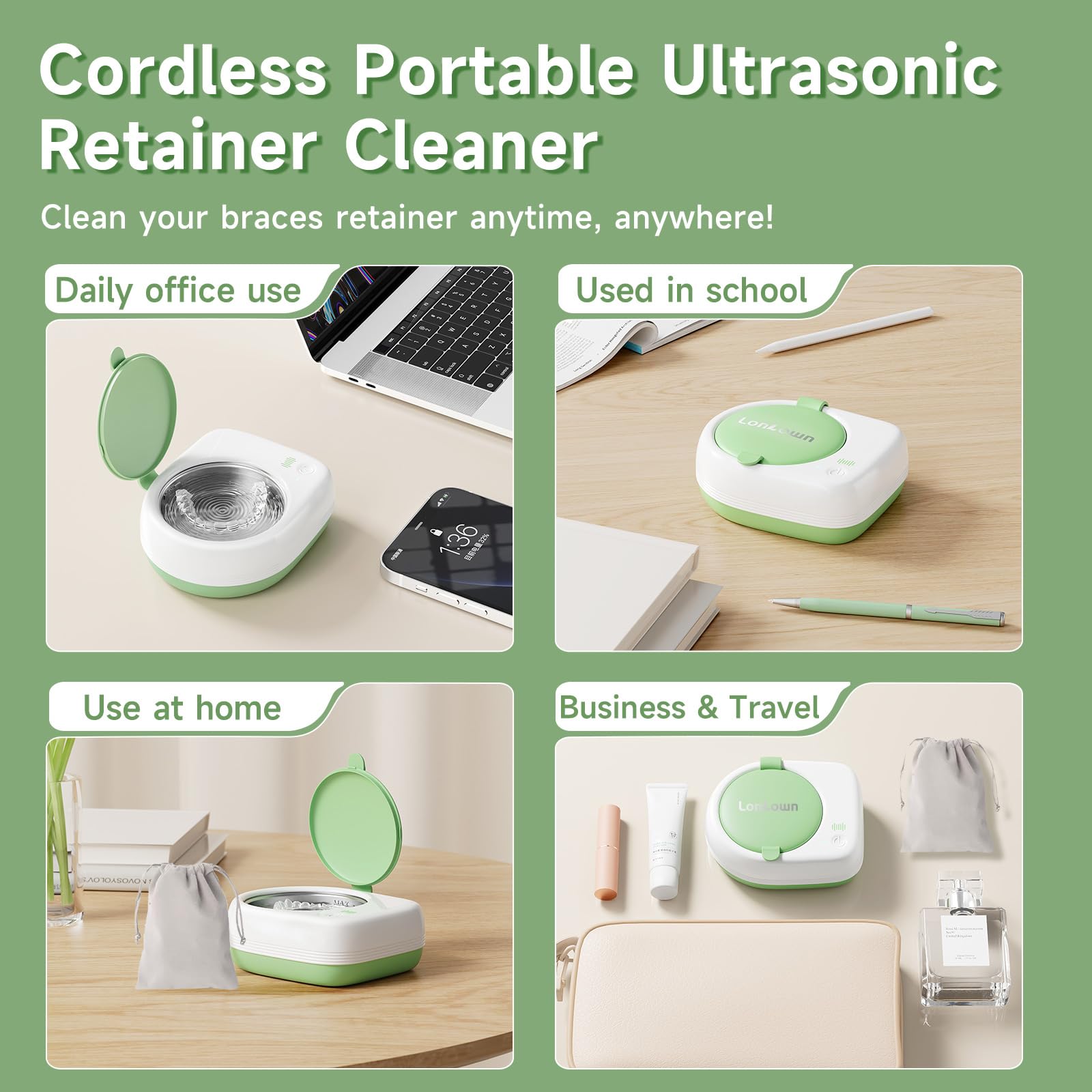 Limpiador de retenedores ultrasónico, recargable, inalámbrico, máquina limpiadora para aparatos ortopédicos, adolescentes, 50 kHz, 2000 mAh, portátil, 2 modos para viajes, escuela (verde)
