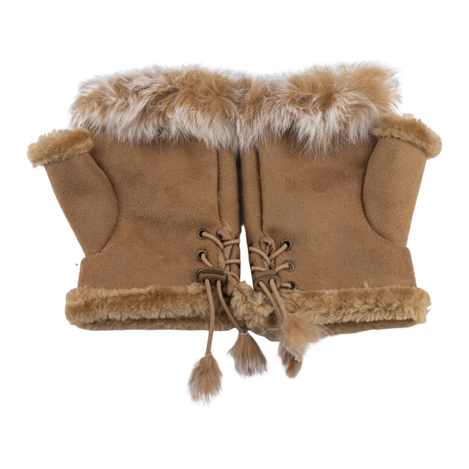 pofluany 1 Pair Women Winter Mittens Adjustable Drawstring Thick Plush Faux Fur Windproof Anti-slip Student Writing Gloves Keep Warm Fingerless Typing Mittens Khaki