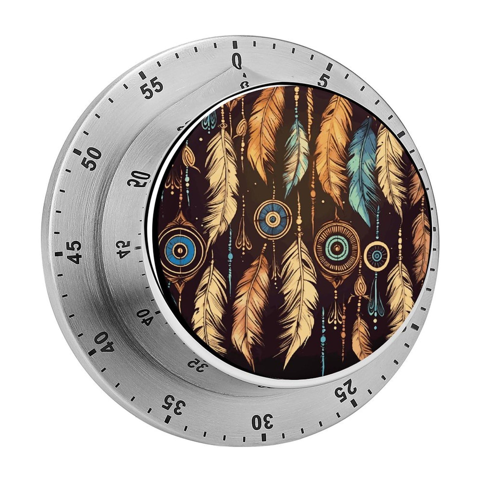 Vintage Ethnic Tribal Feather Visual Timer with Loud Alarm 60-Minute Kitchen Timers Exquisite Stainless Steel Body - Mechanical Desk Timer Countdown Clock for Cooking Chef Clock