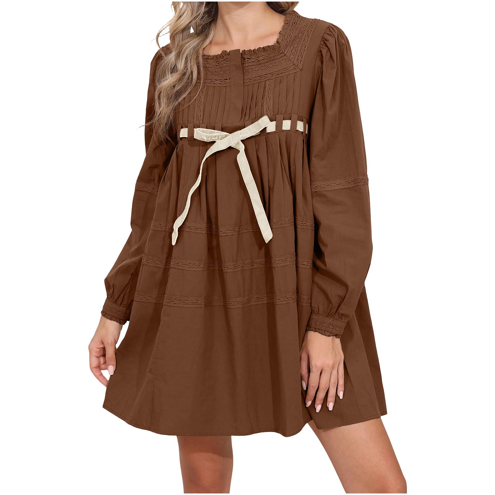 Womens Long Sleeve Mini Dress Casual Round Neck Lace Bow Loose Fall Summer Dress Flowy Pullover Fashion Outfits