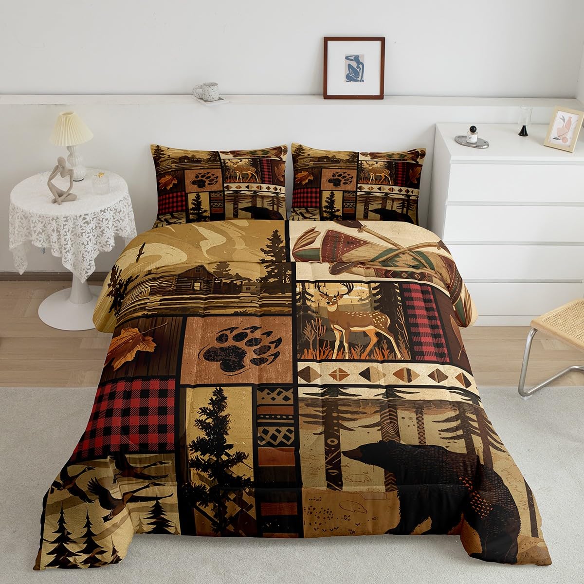 Feelyou Boys Girls Bear Wild Animal Comforter Set King Size, Cute Deer Bedding Set Kids Western Farmhouse Comforter Rustic Cabin Teens Duvet Set Bedroom Decor Microfiber Bed Set