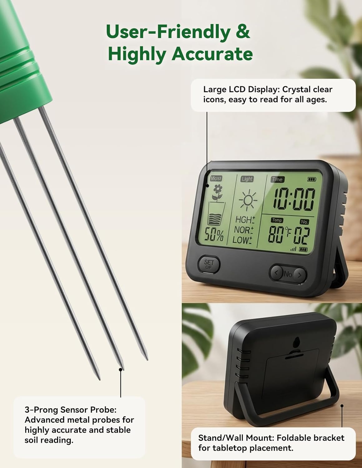 Nexuslab Wireless Soil Moisture Meter with LCD Receiver – 3‑Probe 3‑in‑1 Sensor (Moisture, Temperature, Light), 230 ft RF Range, Waterproof, Long Battery Life for Indoor/Outdoor Plants and Gardens