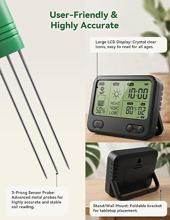 Nexuslab Wireless Soil Moisture Meter with LCD Receiver 3Probe 3in1 Sensor (Moisture, Temperature, Light), 230 ft RF Range, Waterproof, Long Battery Life for Indoor/Outdoor Plants and Gardens