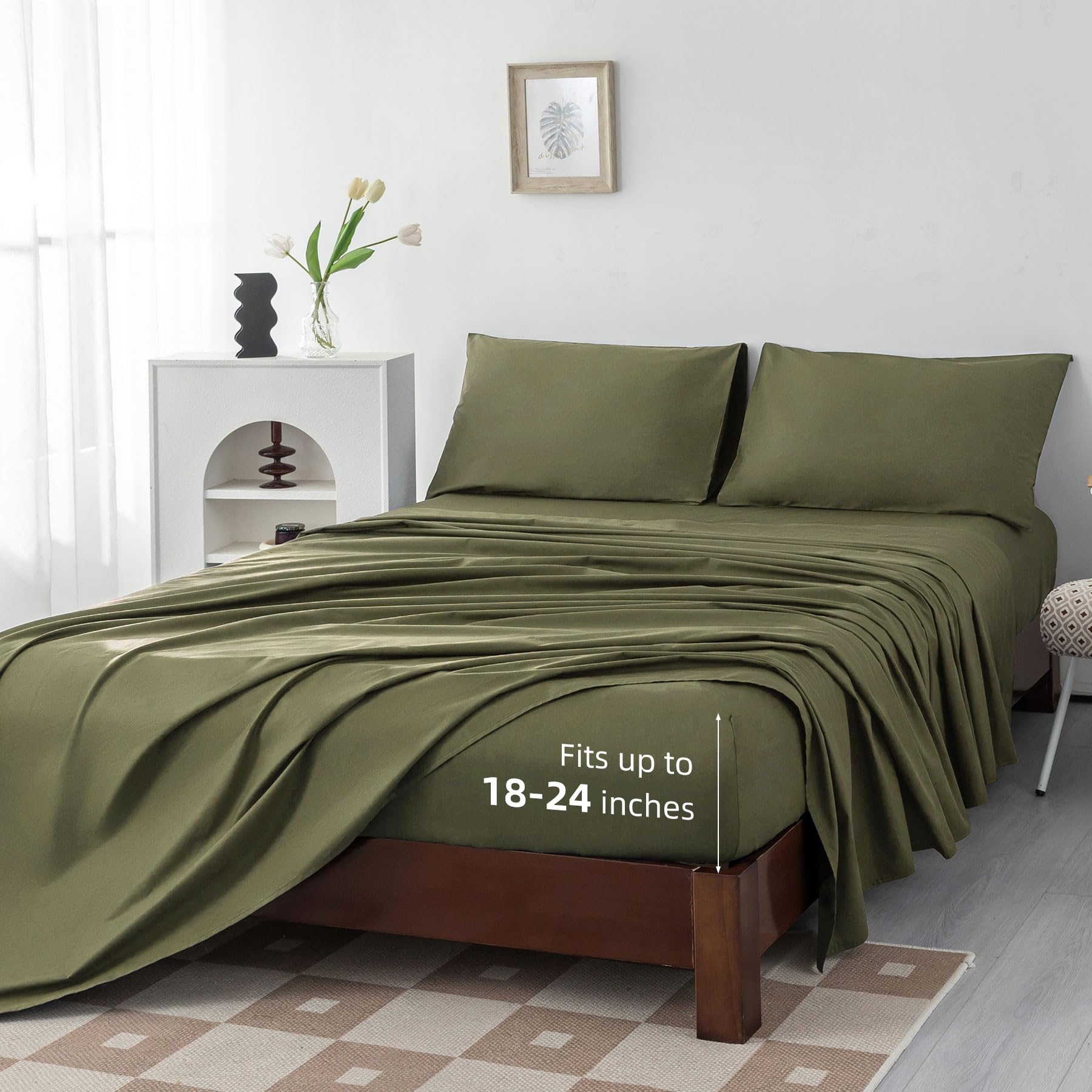 Levoo 100% Cotton Sheets Queen Size Set 18"-24" Extra Deep Pocket Sheets Set Soft Breathable Cooling 4Pcs Bed Sheets with 1 Flat Sheet, 1 Fitted Sheet