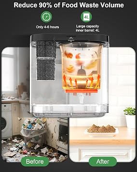 Electric Composter for Kitchen, 4L Indoor Odorless Compost Bin with 2 Carbon Filters, Upgraded Brushless Motor, Auto-Clean, LED Display, Visible Window, Smart Countertop Food Waste Composting Machine