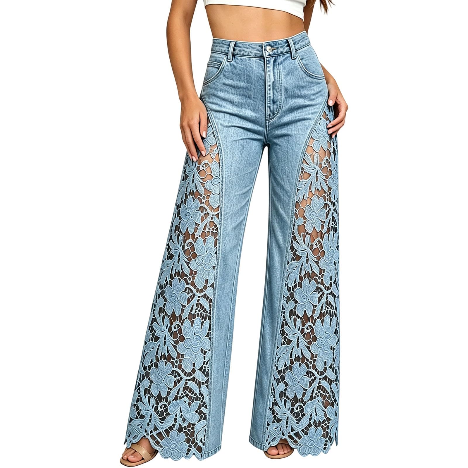 Jeans da donna in pizzo, jeans a gamba larga da donna UK patchwork denim