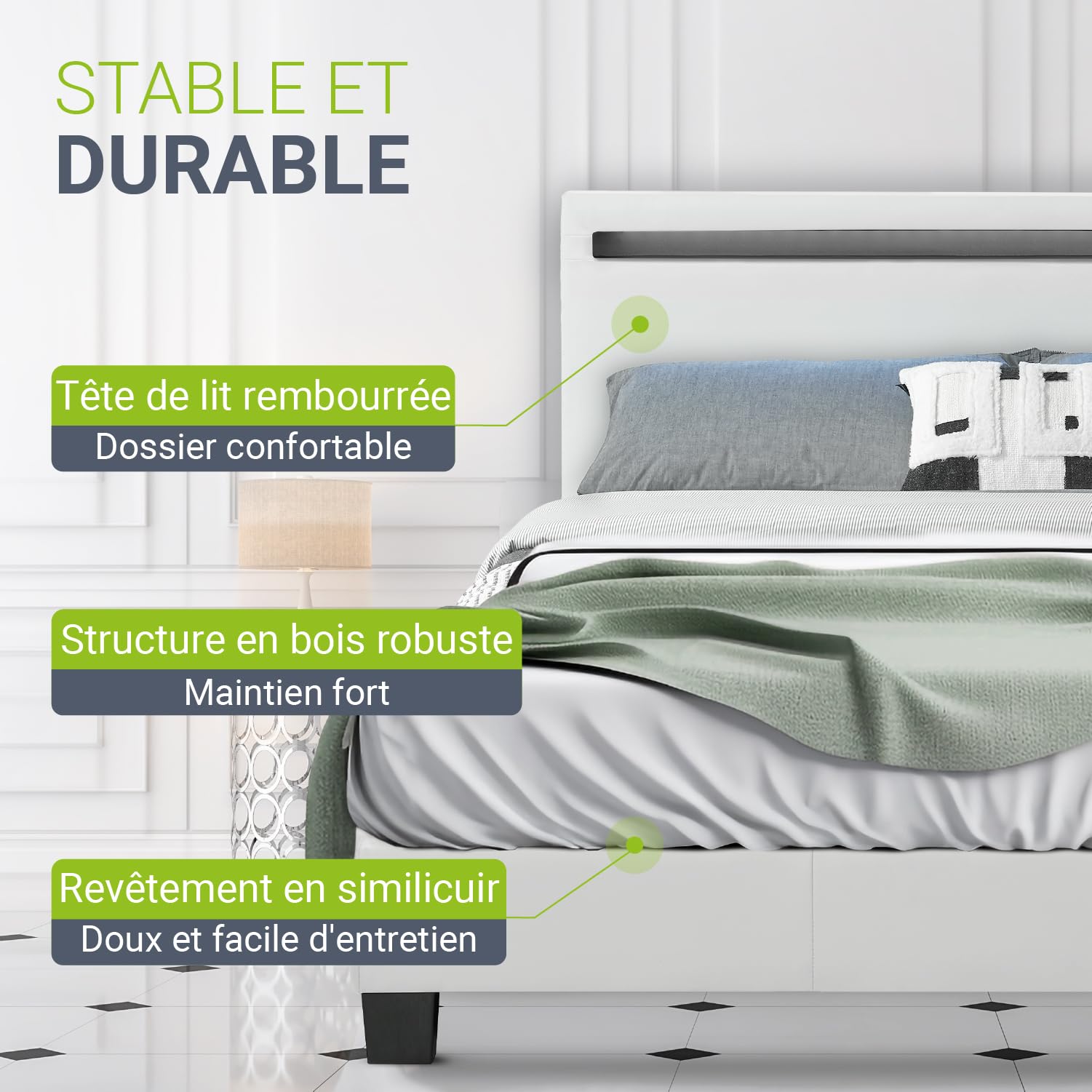Juskys Lit rembourré Paris 160x200 cm avec éclairage LED, sommier à Lattes et tête de lit, Simili Cuir, Cadre de lit pour Adulte et ado, 2 Personnes, Noir