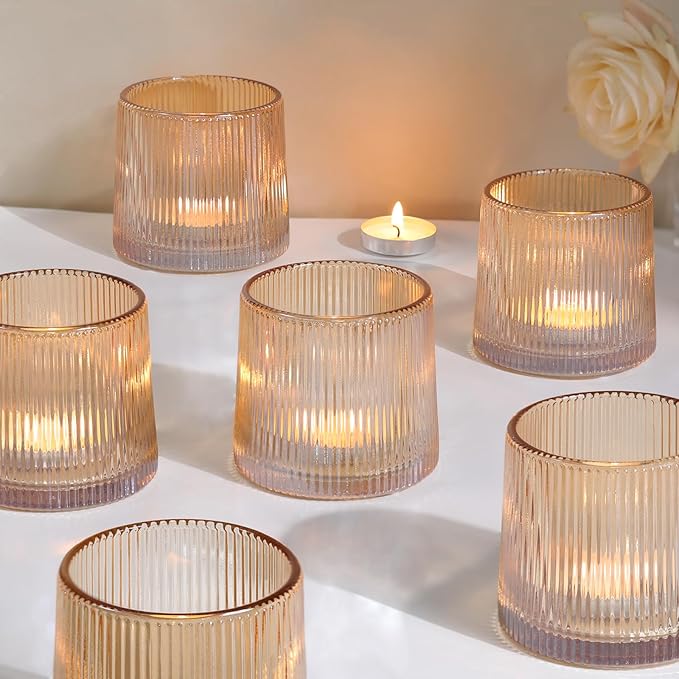 Gold Ribbed Tealight Votive Candle Holders- 6Pack Glass Candle Holders for Table Centerpiece, Home Decor, Wedding Decor, Party Dinner