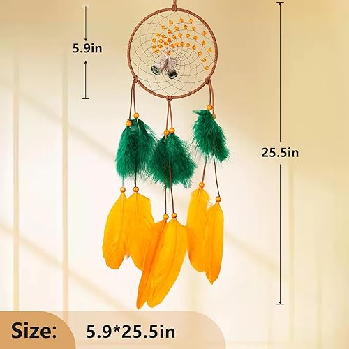 Miniatura 6 de Atrapasueños – Pluma de ganso naranja con pluma de pavo verde, cuero natural, atrapasueños hecho a mano para dormitorio, un atrapasueños para niñas,