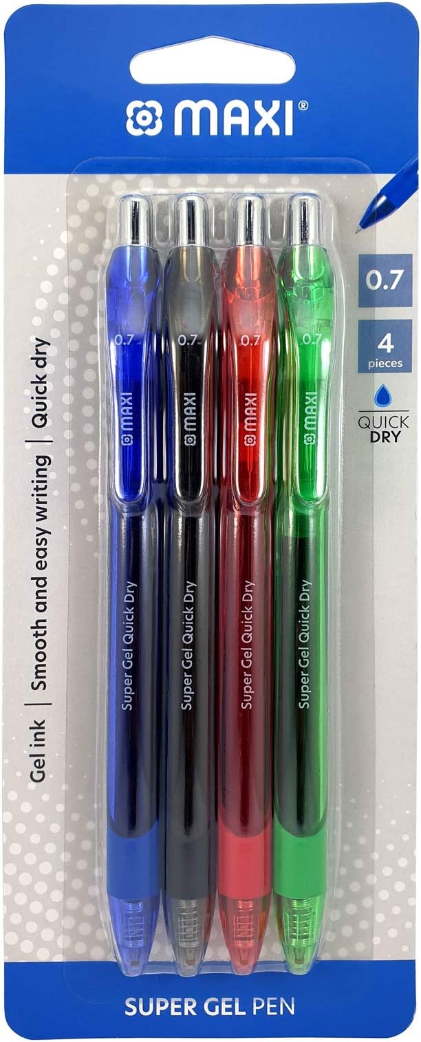 Maxi Gel Pen 0.7 mm Blister Of 4 Pc Assorted (1 Blue + 1 Black Red Green), Gp7 4, Super