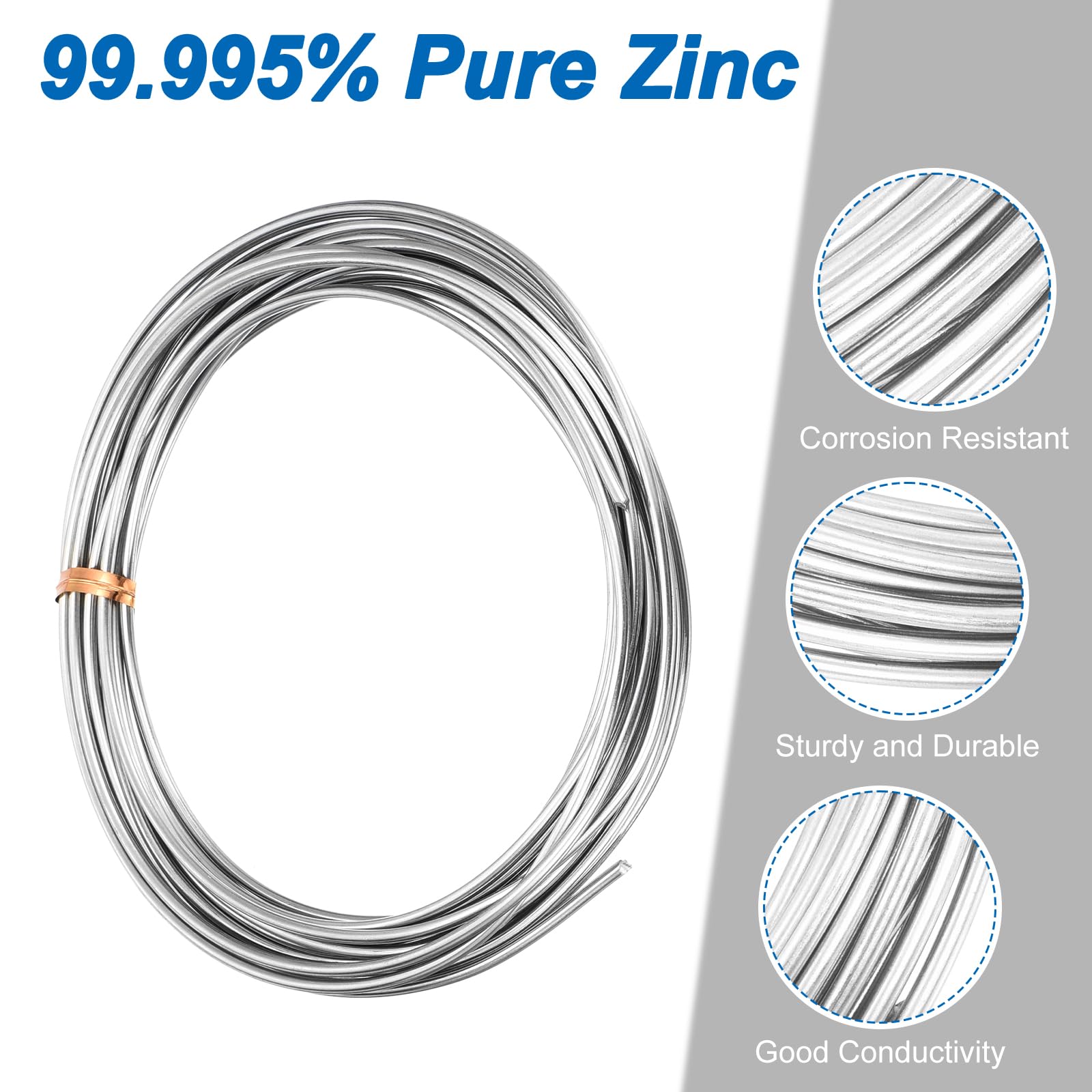sourcing map 1 tige en zinc, 99,995 % de haute pureté, barre en zinc massif de 2 mm de diamètre, 5 000 mm de long, tige anode en zinc, bonne conductivité pour les expériences scientifiques, la