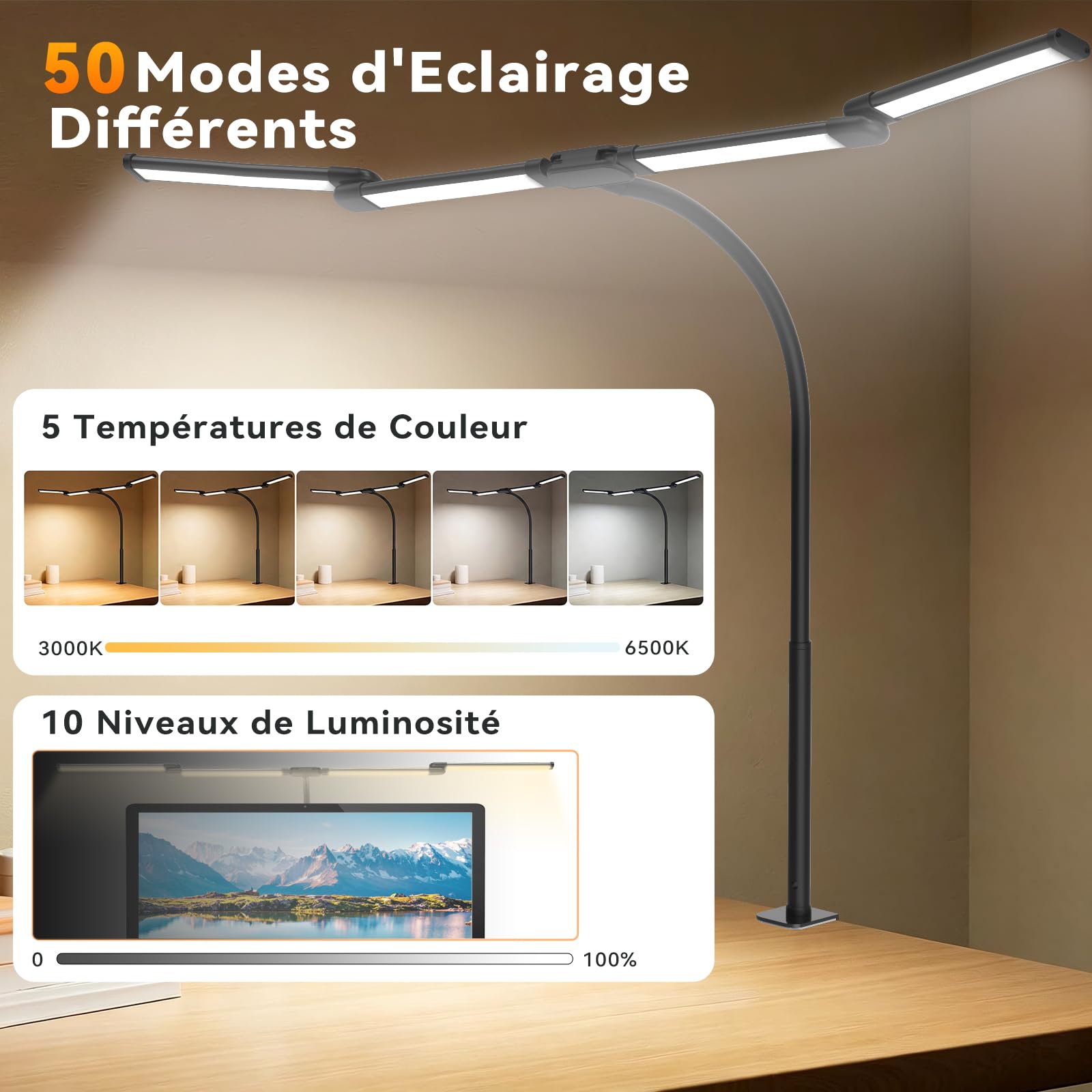 Lampe de Bureau LED Dimmable, 118cm 4 Barres Lampe à Pince, 24W 1960LM Lampe Bureau à Col de Cygne, Protection des Yeux, 5 Couleurs & 10 Luminosités Lampe Puissante pour Écran Dessin Couture