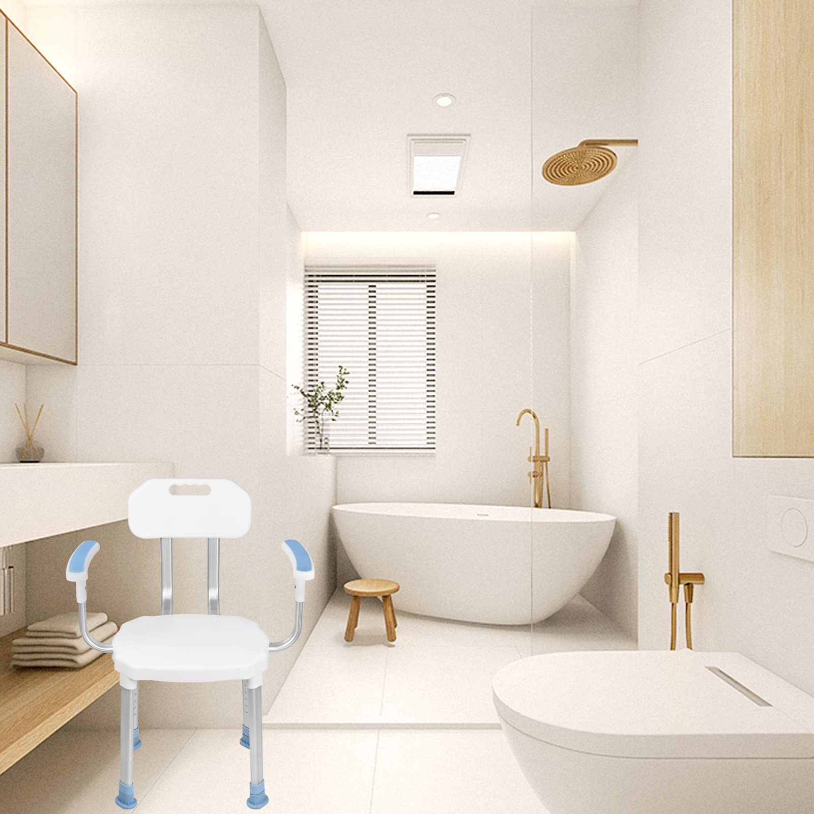 Taburete de ducha de aluminio, altura regulable, silla de ducha, silla de ducha con respaldo y reposabrazos, asiento de ducha, antideslizante, asiento de ducha, asiento de baño, blanco (modelo