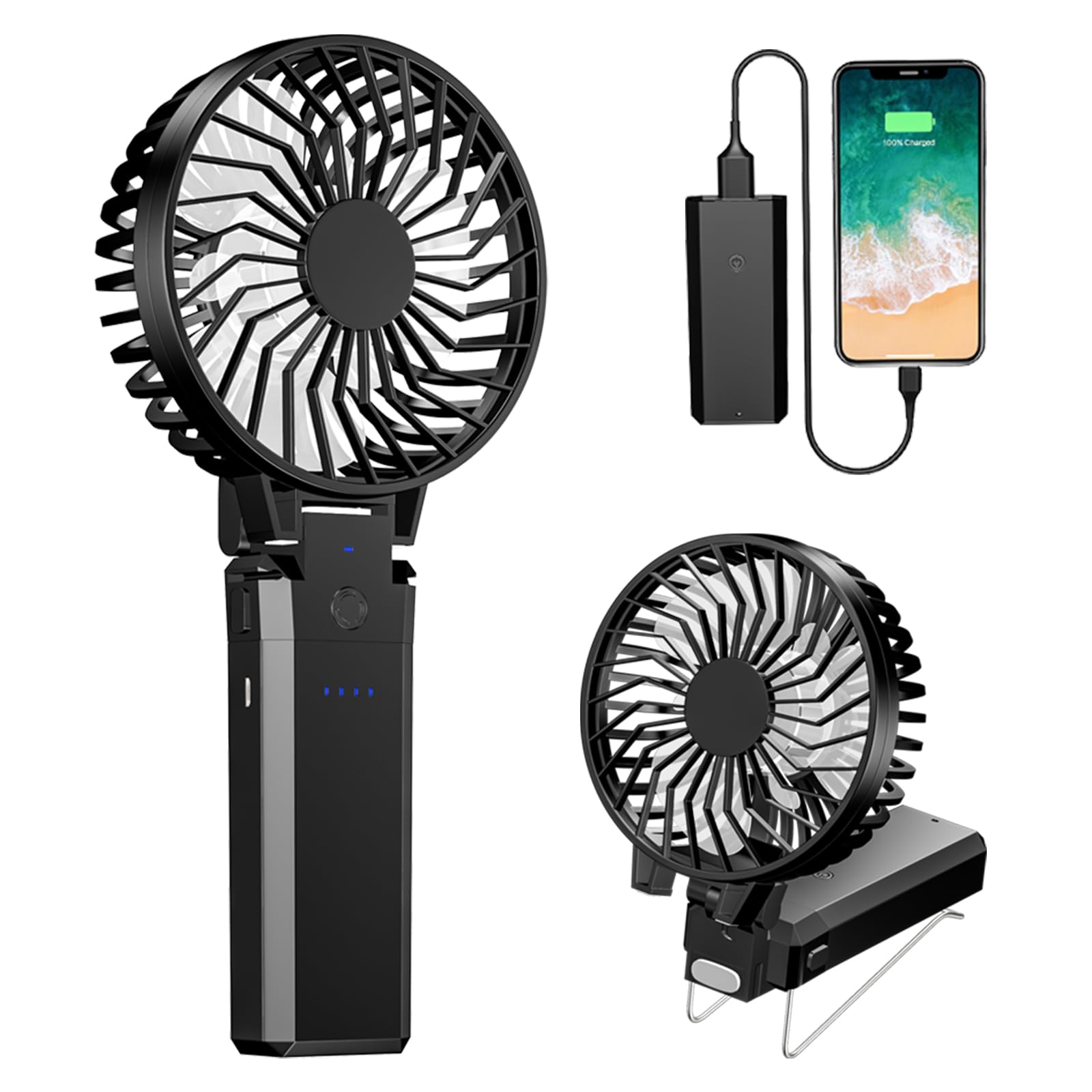 ハンディファン Fohil 最新改良 携帯扇風機 USB充電 多機能 手持ち式Fan 5200mAh大容量 モバイルバッテリー 6枚羽根 6段風量調節 長時間動