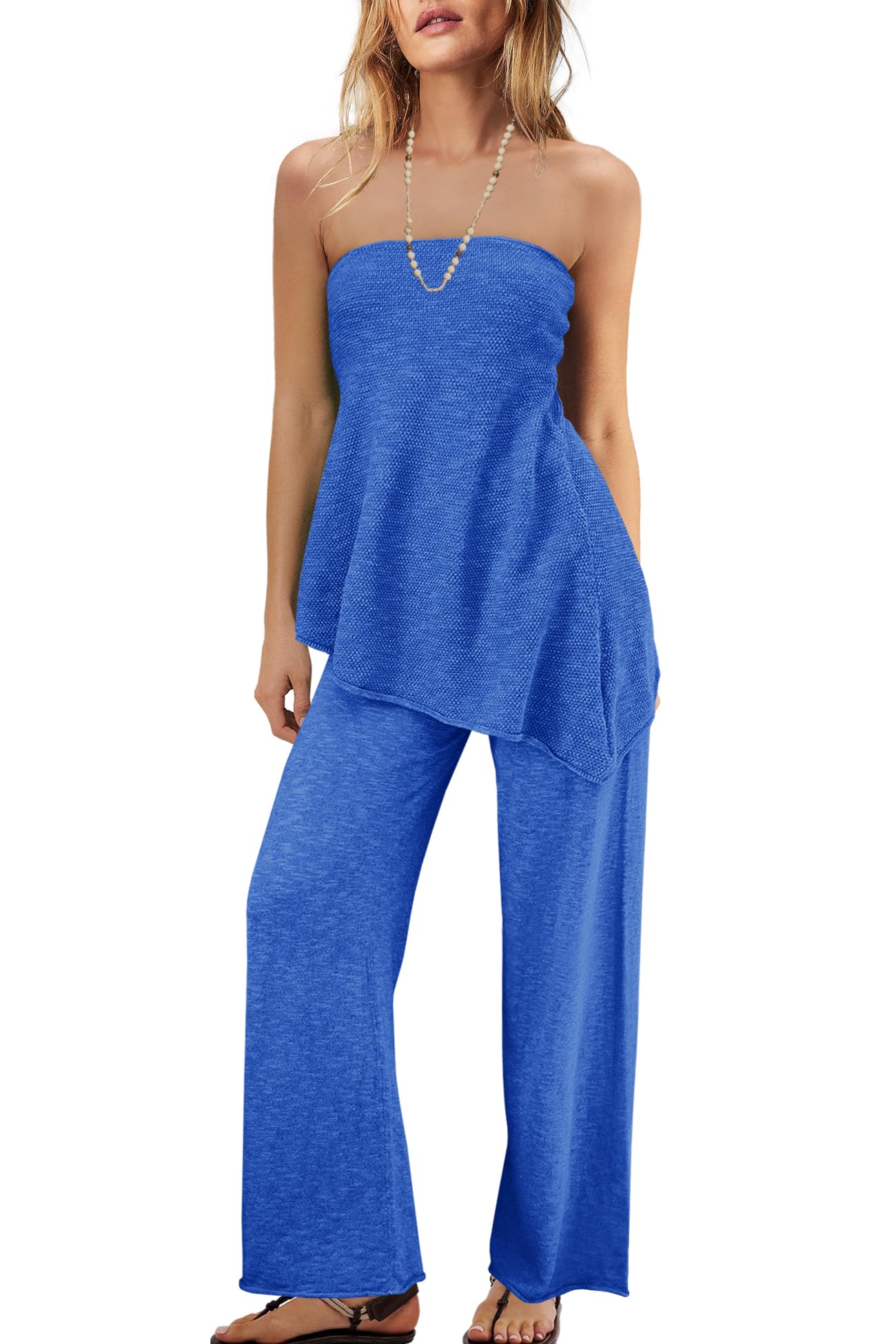 Panadila Womens Off Shoulder Sweater Set 2 Piece Outfits Summer Vacation Knit Matching Lounge Set Tube Top and Pants Set