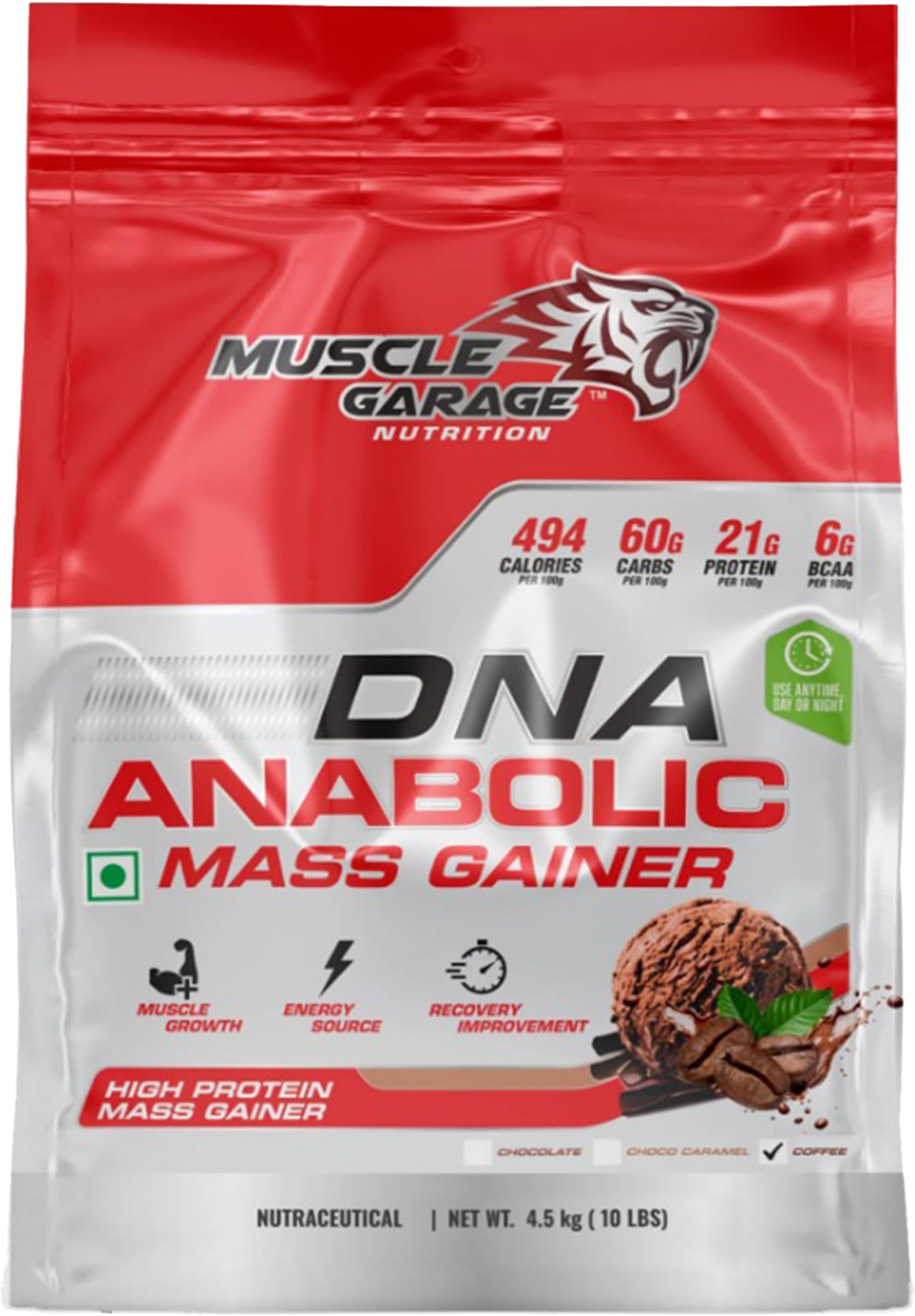 Muscle Garage DNA Anabolic Mass Gainer | High Protein Weight Gainer Powder for Muscle Growth & Recovery| With Creatine, BCAAs & Vitamins | 4.5 Kg (4.5 kg, Coffee)
