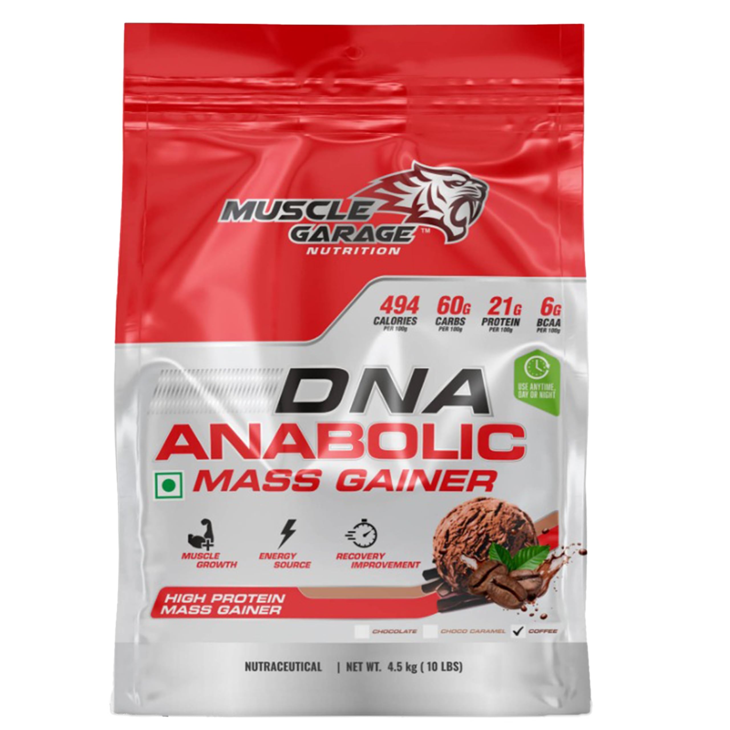 Muscle Garage DNA Anabolic Mass Gainer | High Protein Weight Gainer Powder for Muscle Growth & Recovery| With Creatine, BCAAs & Vitamins | 4.5 Kg (4.5 kg, Coffee)