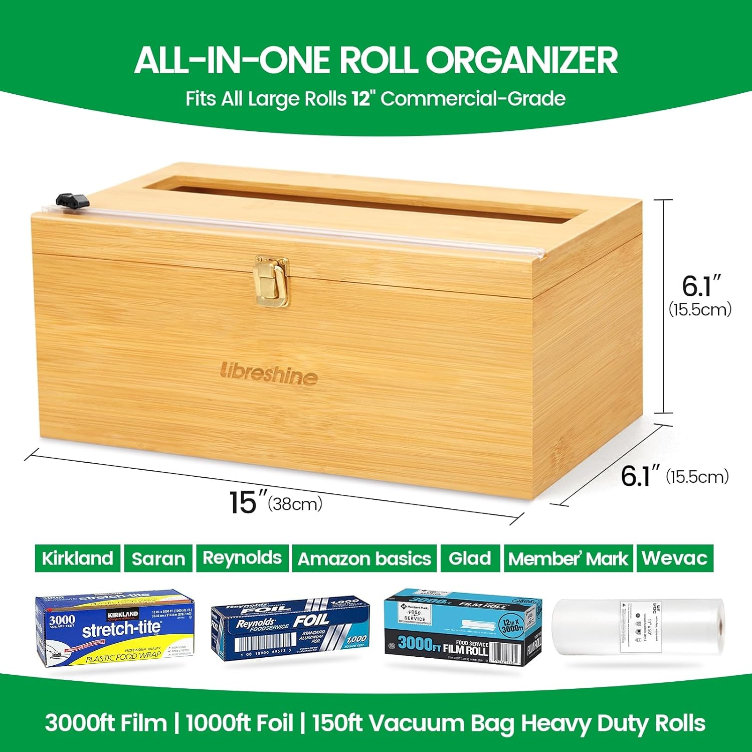 Libreshine 12 Inch Plastic Wrap Dispenser with Cutter, Commercial Bamboo Holder for Large 3000 Ft Wrap Rolls, Fits Costco and Kirkland Size Plastic Wrap and 1000 Ft Foil Rolls