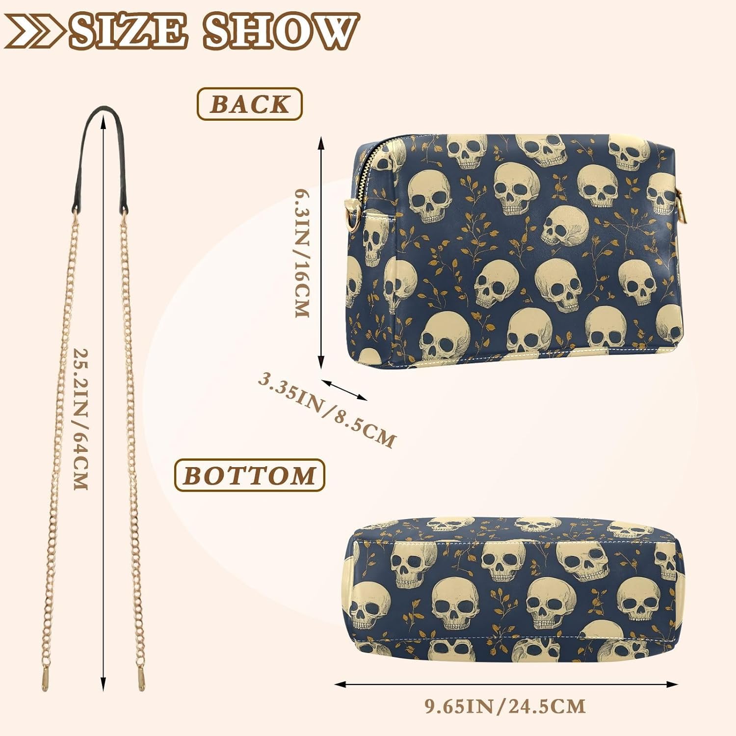 Women Crossbody Bag Shoulder Handbag Cellphone Purse Skull Leaf Print, PU Leather Metal Chain Strap Water Resistant Zipper Closure