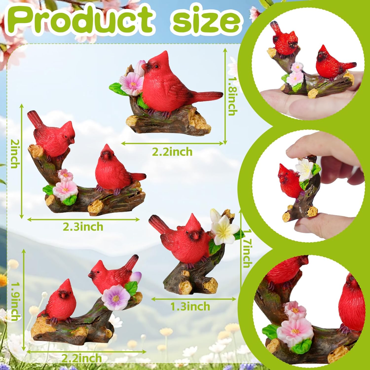 4 Pcs Miniature Cardinal Figurines Mini Red Cardinal Bird on Tree Branch with Flowers for Home Cake Decorating Party Supplies Birthday Gifts Fairy Garden Accessories - Image 2