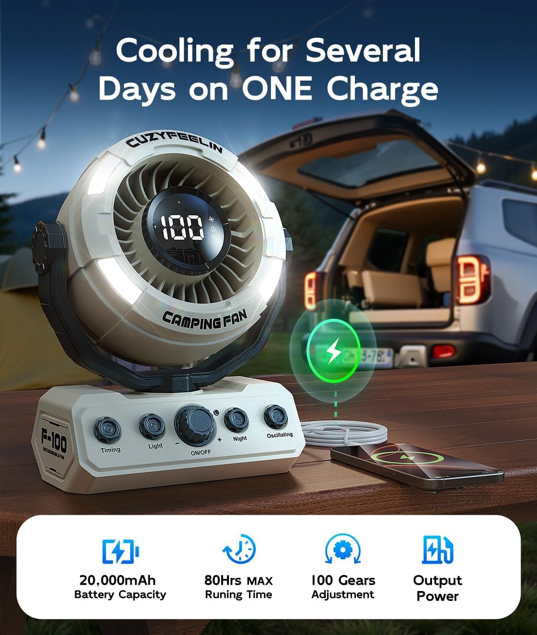 Portable Fan Rechargeable - Versatility Battery Powered Fan with LED Lantern & Hook - Cordless, 15-80H Cooling Time, 100 Speeds, 180° Oscillation - for Camping, Tent, Travel, Home