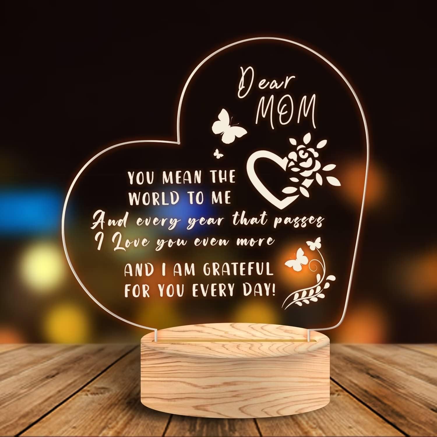 Night Light for Mom Birthday Gift from Daughter Son, Engraved Acrylic LED Night Lamp for Mother's Day, 3D Illusion Light for Mom on Christmas Thanksgiving
