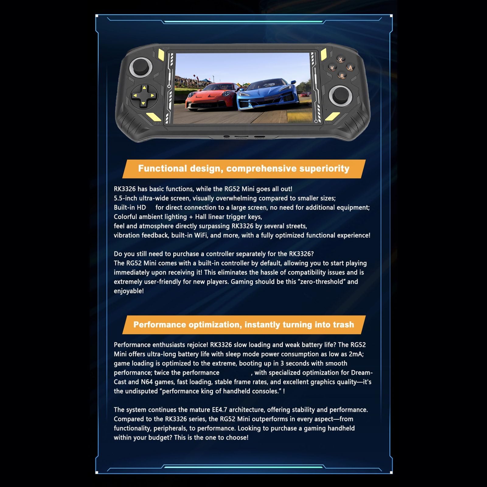 LICAEVEY 5,5-Zoll-Handheld-Spielekonsole für Gaming-Enthusiasten, Tragbarer Gaming-Player mit RK3562 Quad-Core-Chip, HD-Multimedia-Schnittstelle und Zwei Controllern (Black)