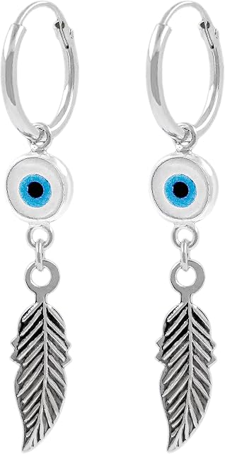 ENTREPLATA 925 Sterling Silver Hoop Earrings Unisex Feather and Turkish Eye Pendant