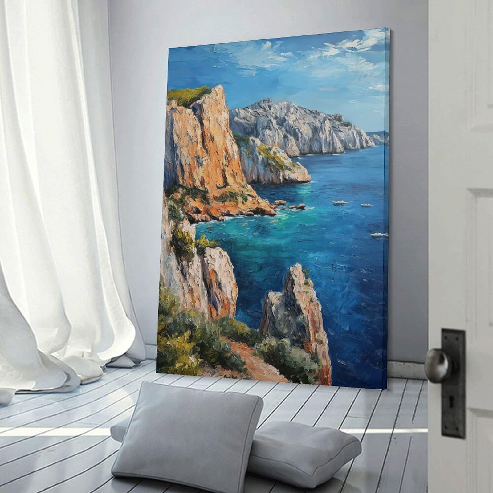 Junmoney Frame-Style-9 Coastal Cliff Oil Painting Canvas Wall Art 24X36inch(60X90cm), For Workspace Walls, Study Corners Or Bedrooms, Wall Art That Adds Style To Work Areas