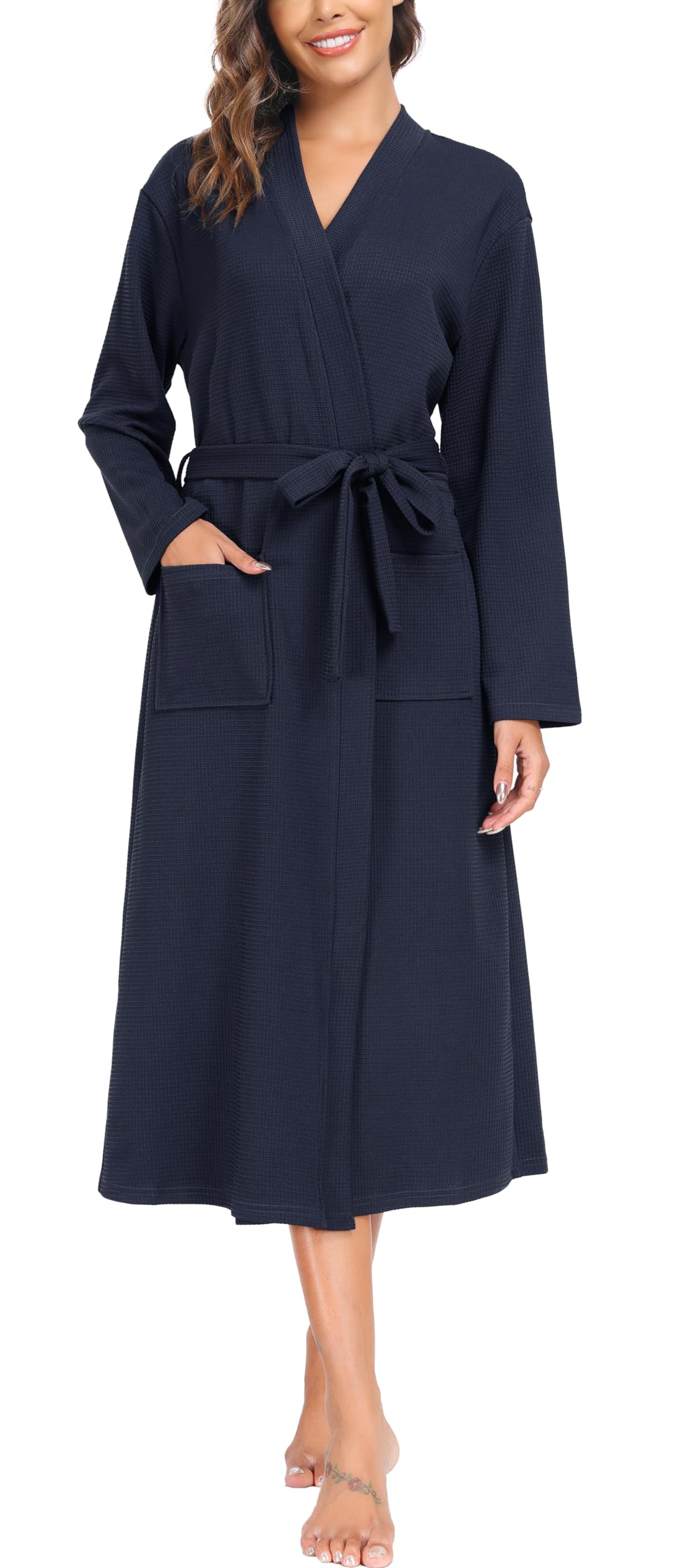 Sopesil Peignoir en Coton Pour Femme,Kimono Femme Nuit avec Col en V Longues Manches Robe de Nuit Femme avec Poches,S-XXL