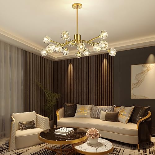 Miniatura 5 de Sputnik Candelabros para lámparas de comedor, modernos candelabros de cristal para sala de estar, 15 luces doradas, contemporáneas de latón de