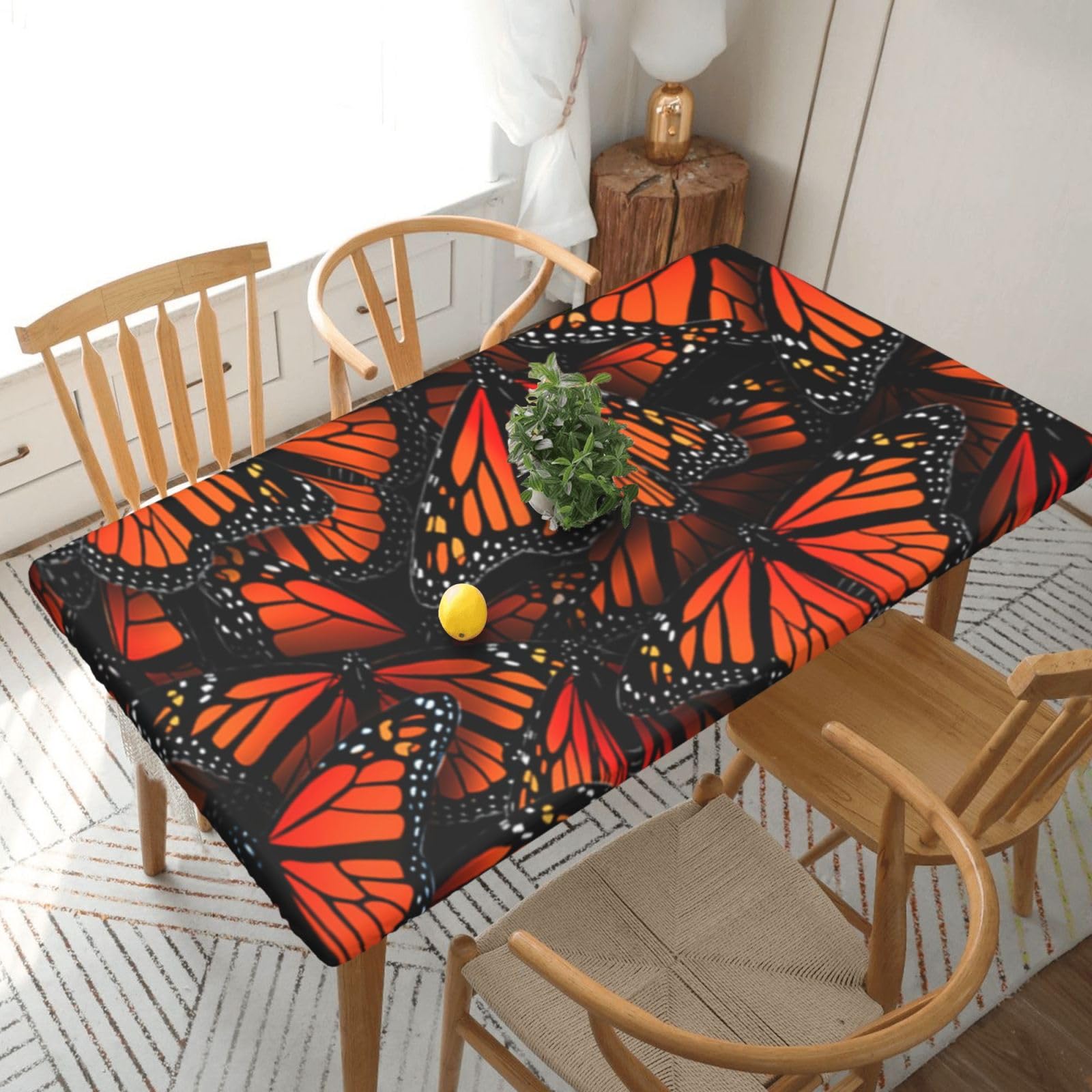 DCEHGEW Elastic Fitted Rectangle Tablecloth for 5ft Tables, Monarch Butterflies Printed Oilproof & Washable Fabric Picnic Table Cloth Table Covers