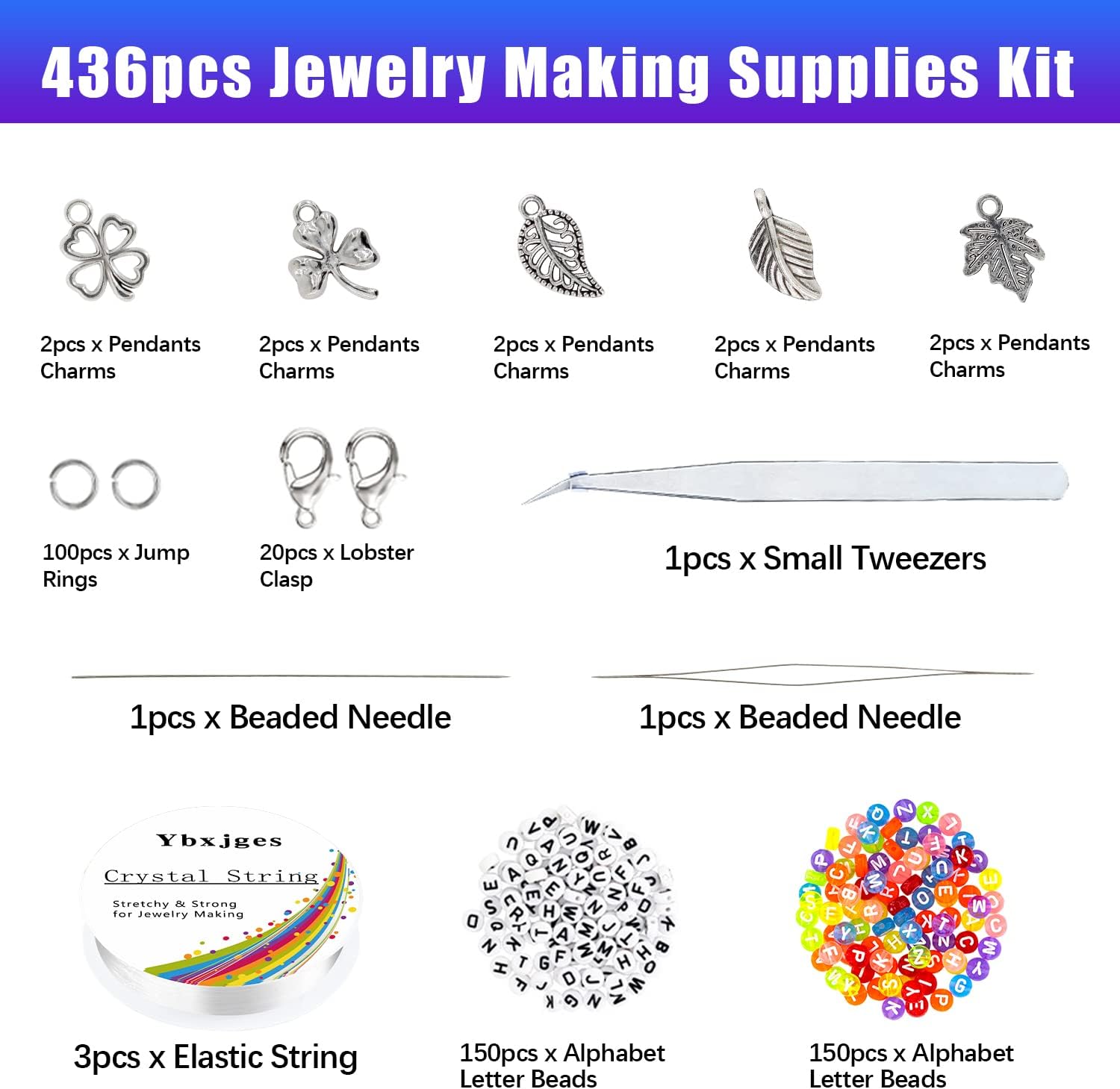 Ybxjges 42000Pcs 2mm Glass Seed Beads 12/0 Small Tiny Beads Kit with 300Pcs Alphabet Letter Beads Pendants Charms Jump Ring Elastic String for DIY Bracelets Necklace Jewelry Making Supplies