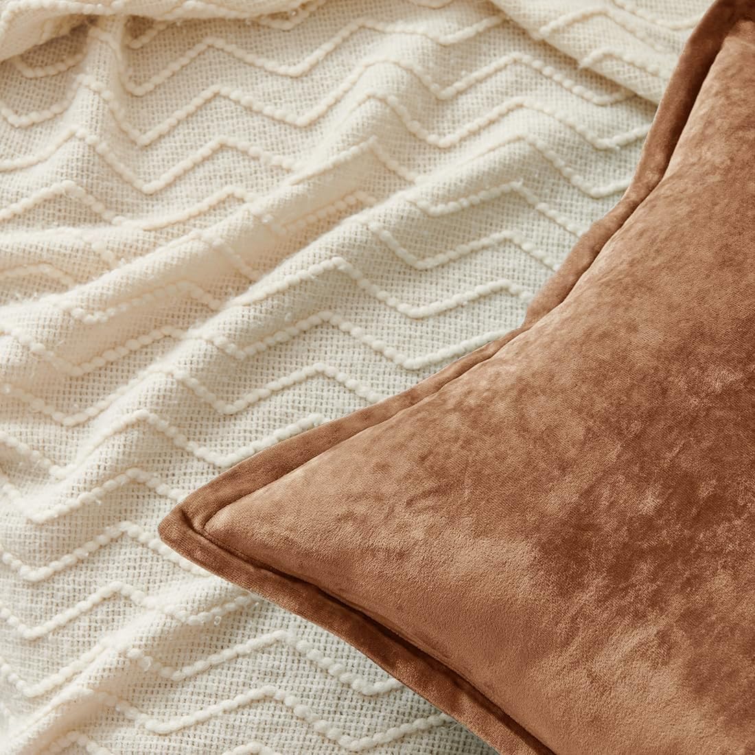 Luxurious Velvet Euro Shams Decorative Throw Pillow Covers 26x26 Set of 2 Solid Square Euro Pillow Shams for Sofa Couch Bedroom, Caramel