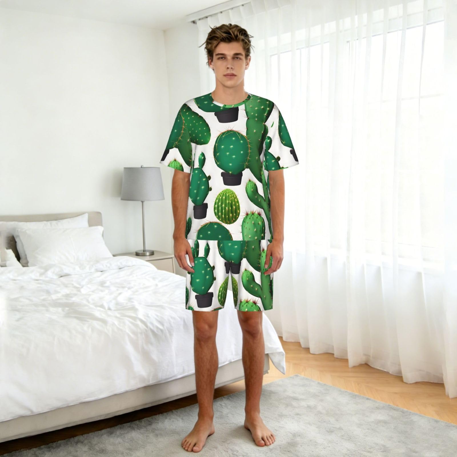 Conjunto de pijama clásico con estampado de cactus verde para hombre, pantalones cortos de pijama suaves para hombre, perfecto para las noches de verano