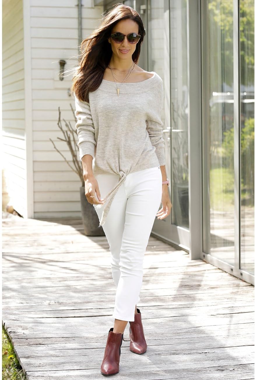 LASCANA Women's Boat Neck Sweater – Long Sleeve, Ribbed Neckline, Tie Detail at Hem, 19.75 Inch Length